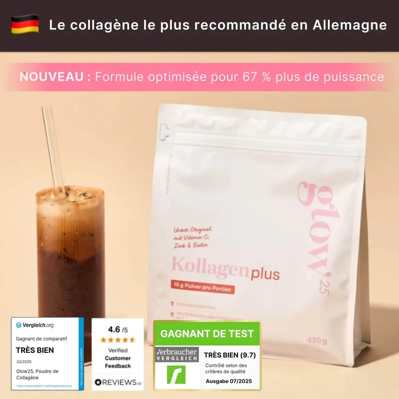 Glow25® Collagène Plus avec technologie Micropeptide - Lauréat des tests en Allemagne 2021-2025